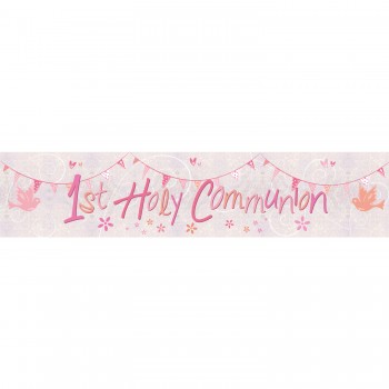 First Holy Communion Pink Holographic Foil Banner - 2.7m