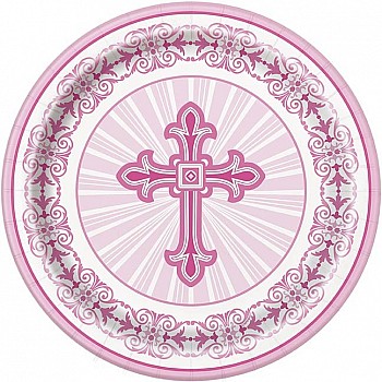 Pink Radiant Cross Paper Plates - 23cm (8pk)