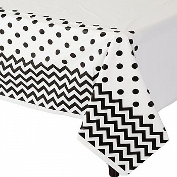 Black Polka Dot & Chevron Plastic Tablecover - 1.4m x 2.6m 