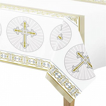 Silver & Gold Radiant Cross Plastic Tablecover - 1.4m x 2m